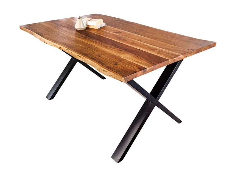 Table de salle à manger ARKAYA – Bois massif d'acacia verni et pieds en métal noir en X – 160 cm – Style industriel