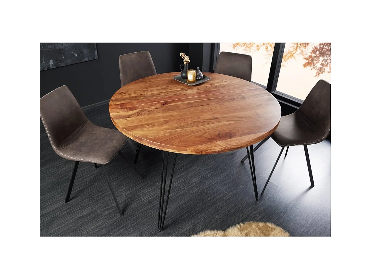Table de salle à manger SILVA – Bois massif d'acacia et métal noir – 120 cm – Plateau épais 45 mm – Style industriel
