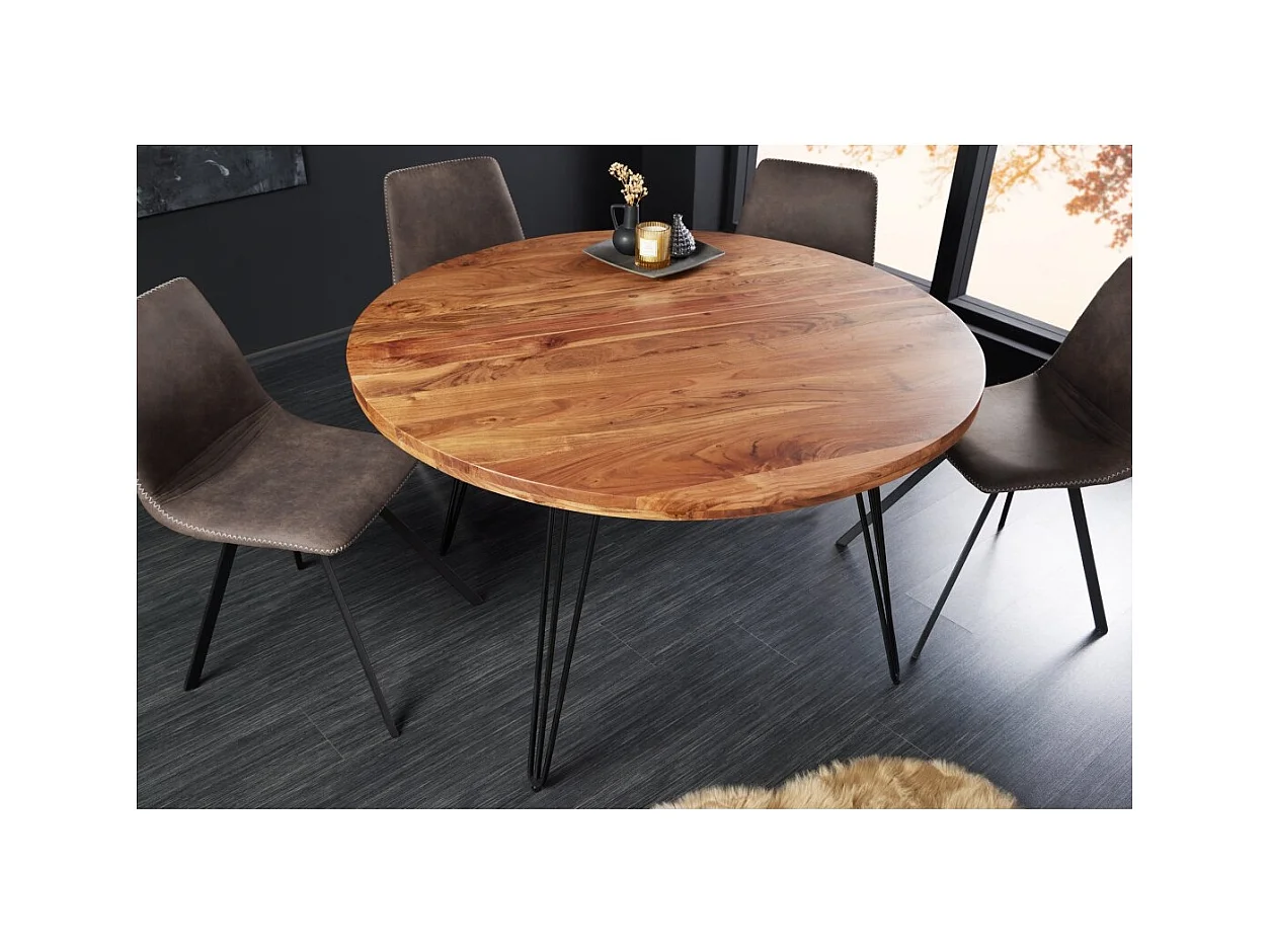 Table de salle à manger SILVA – Bois massif d'acacia et métal noir – 120 cm – Plateau épais 45 mm – Style industriel