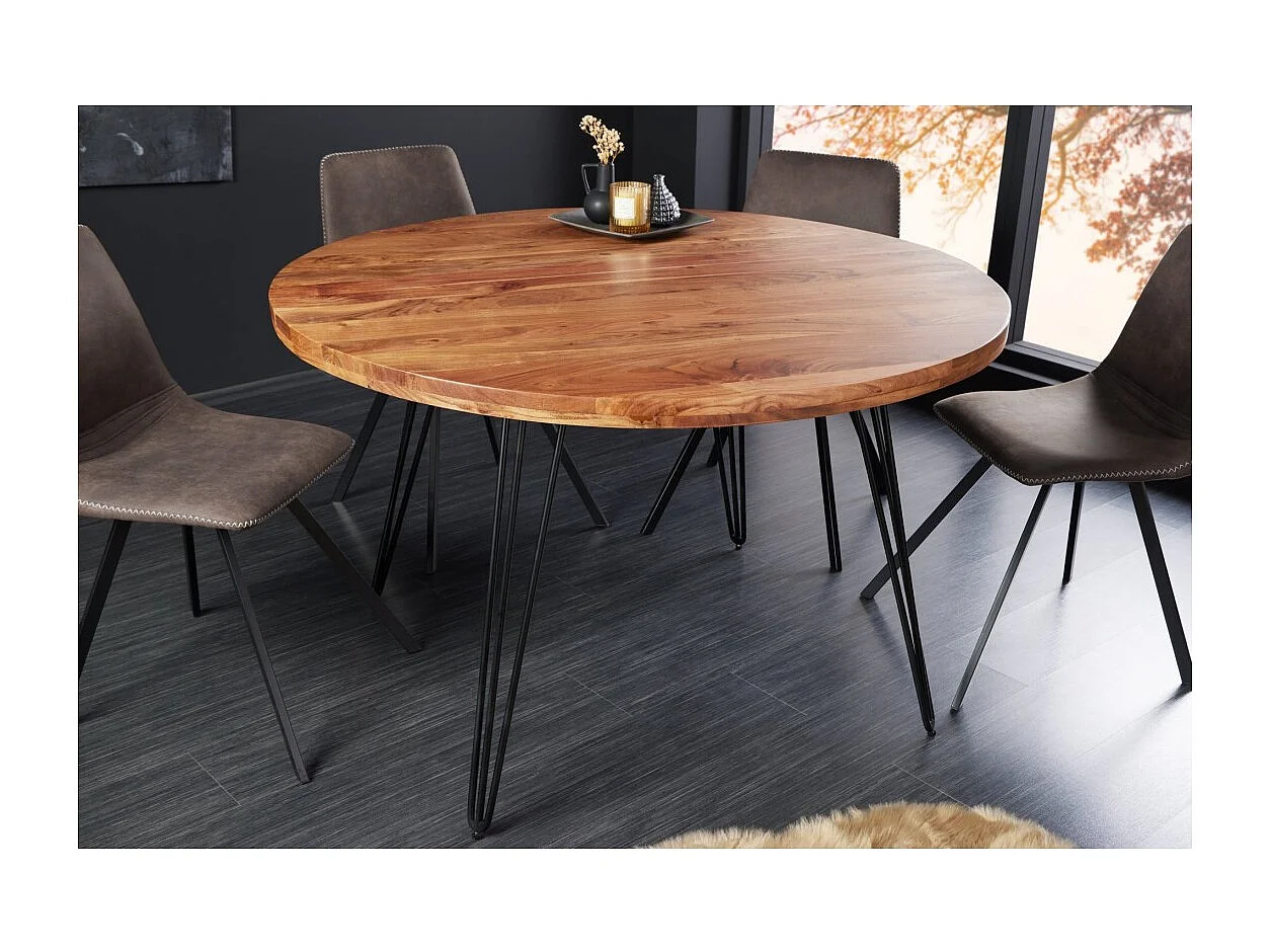 Table de salle à manger SILVA – Bois massif d'acacia et métal noir – 120 cm – Plateau épais 45 mm – Style industriel