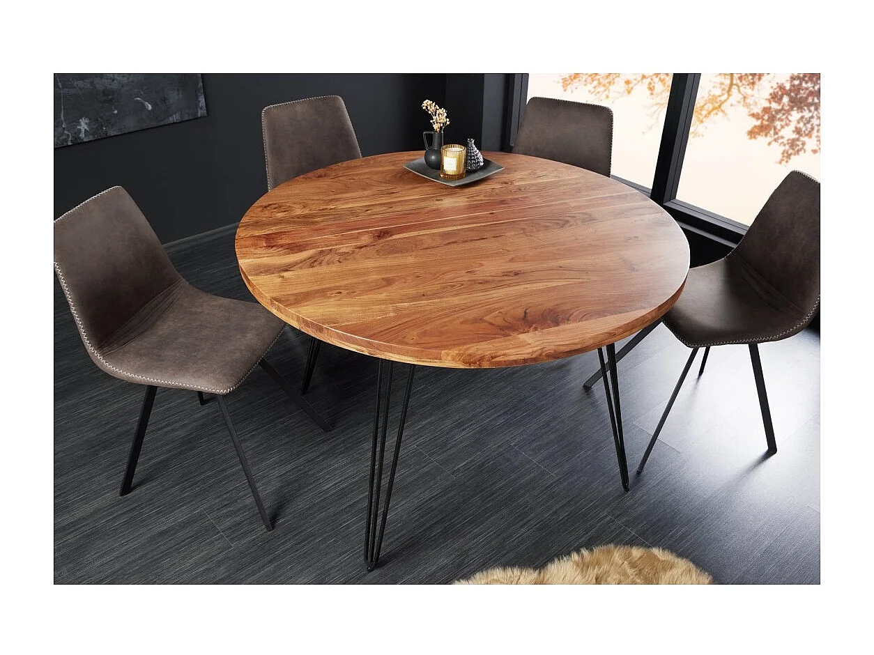 Table de salle à manger SILVA – Bois massif d'acacia et métal noir – 120 cm – Plateau épais 45 mm – Style industriel