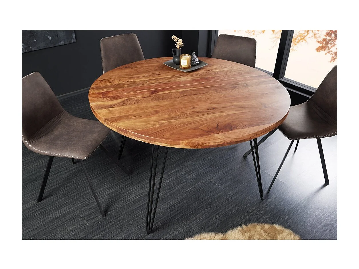 Table de salle à manger SILVA – Bois massif d'acacia et métal noir – 120 cm – Plateau épais 45 mm – Style industriel