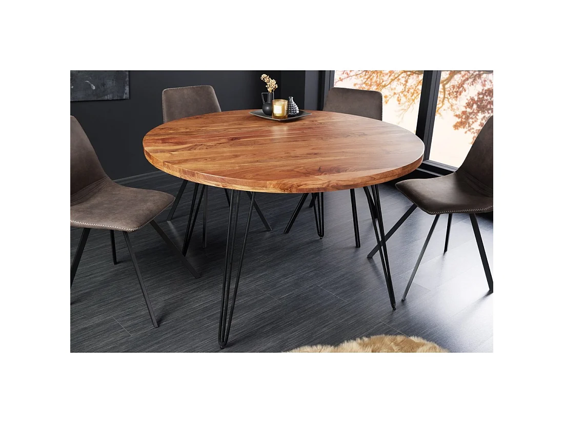 Table de salle à manger SILVA – Bois massif d'acacia et métal noir – 120 cm – Plateau épais 45 mm – Style industriel