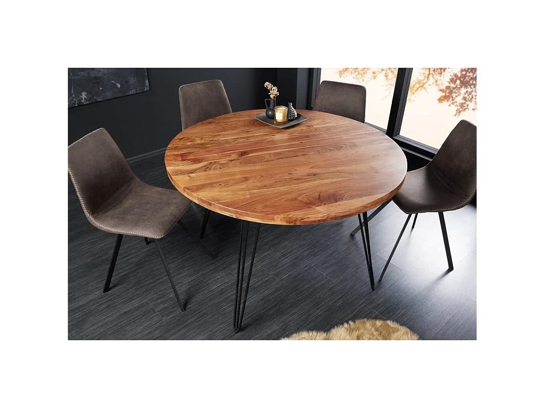 Table de salle à manger SILVA – Bois massif d'acacia et métal noir – 120 cm – Plateau épais 45 mm – Style industriel