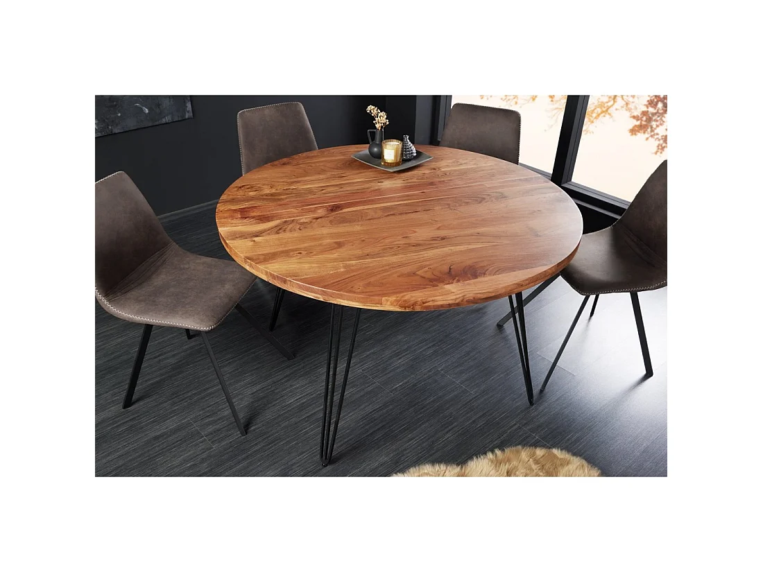 Table de salle à manger SILVA – Bois massif d'acacia et métal noir – 120 cm – Plateau épais 45 mm – Style industriel