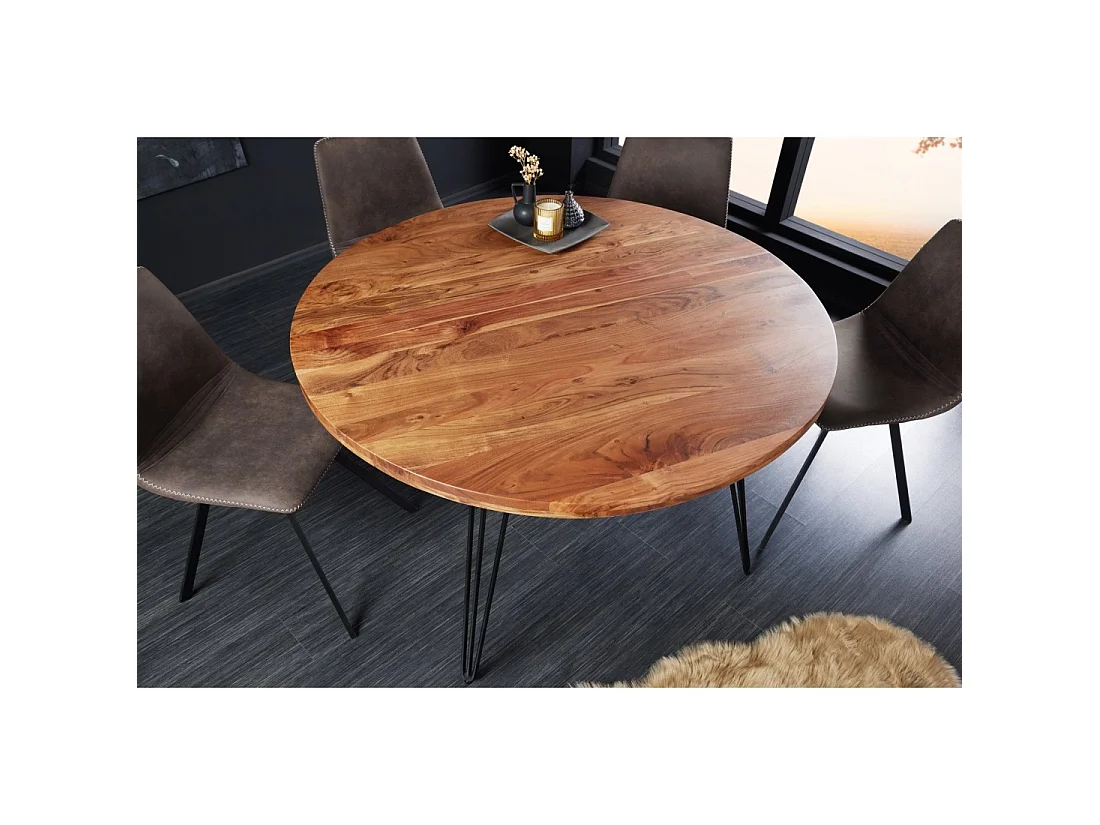 Table de salle à manger SILVA – Bois massif d'acacia et métal noir – 120 cm – Plateau épais 45 mm – Style industriel