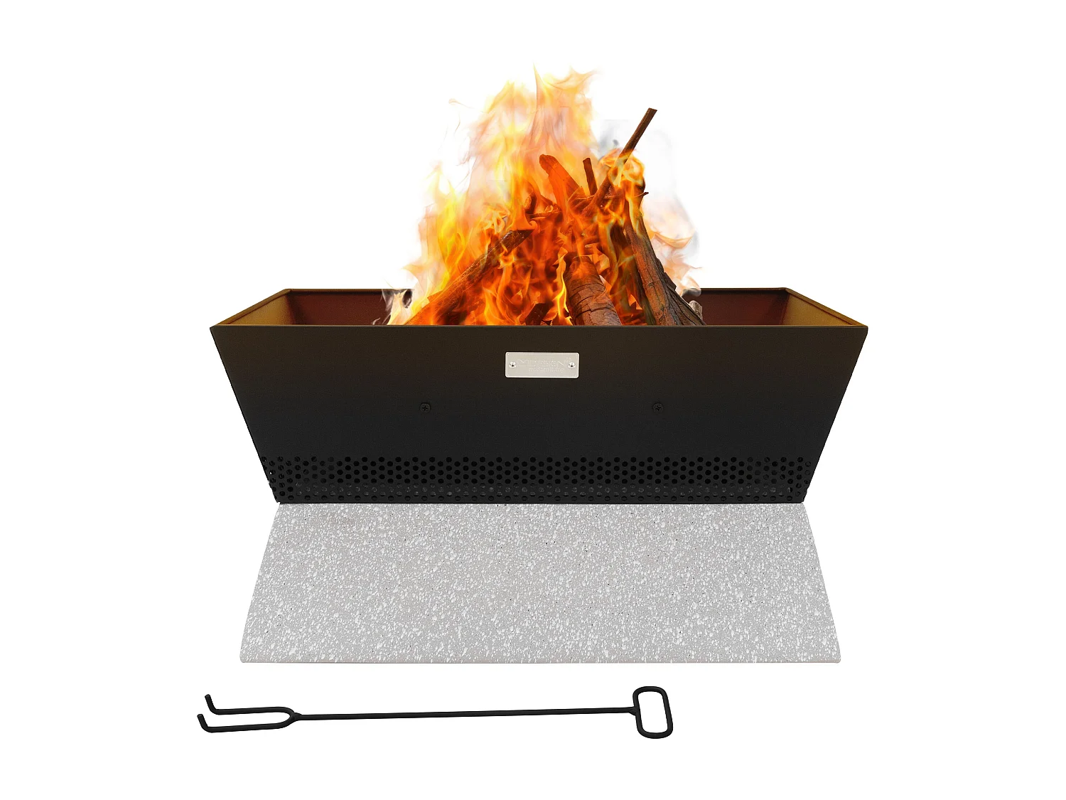 Brasero de jardin à feu 54x28,5x54 cm noir-beige carrée avec socle en céramique et tisonnier foyer d'extérieur pour jardin camping terrasse patio