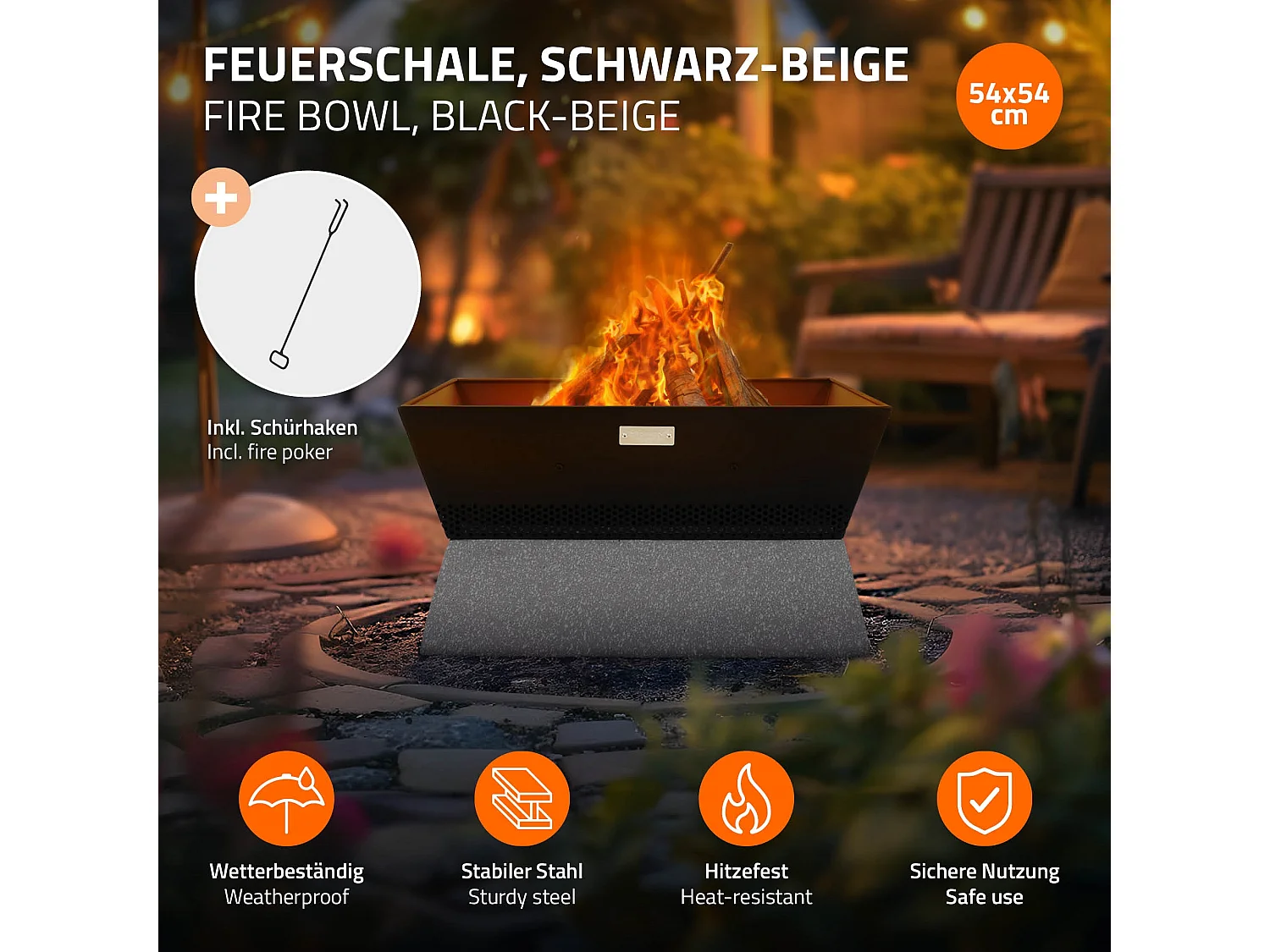 Brasero de jardin à feu 54x28,5x54 cm noir-beige carrée avec socle en céramique et tisonnier foyer d'extérieur pour jardin camping terrasse patio