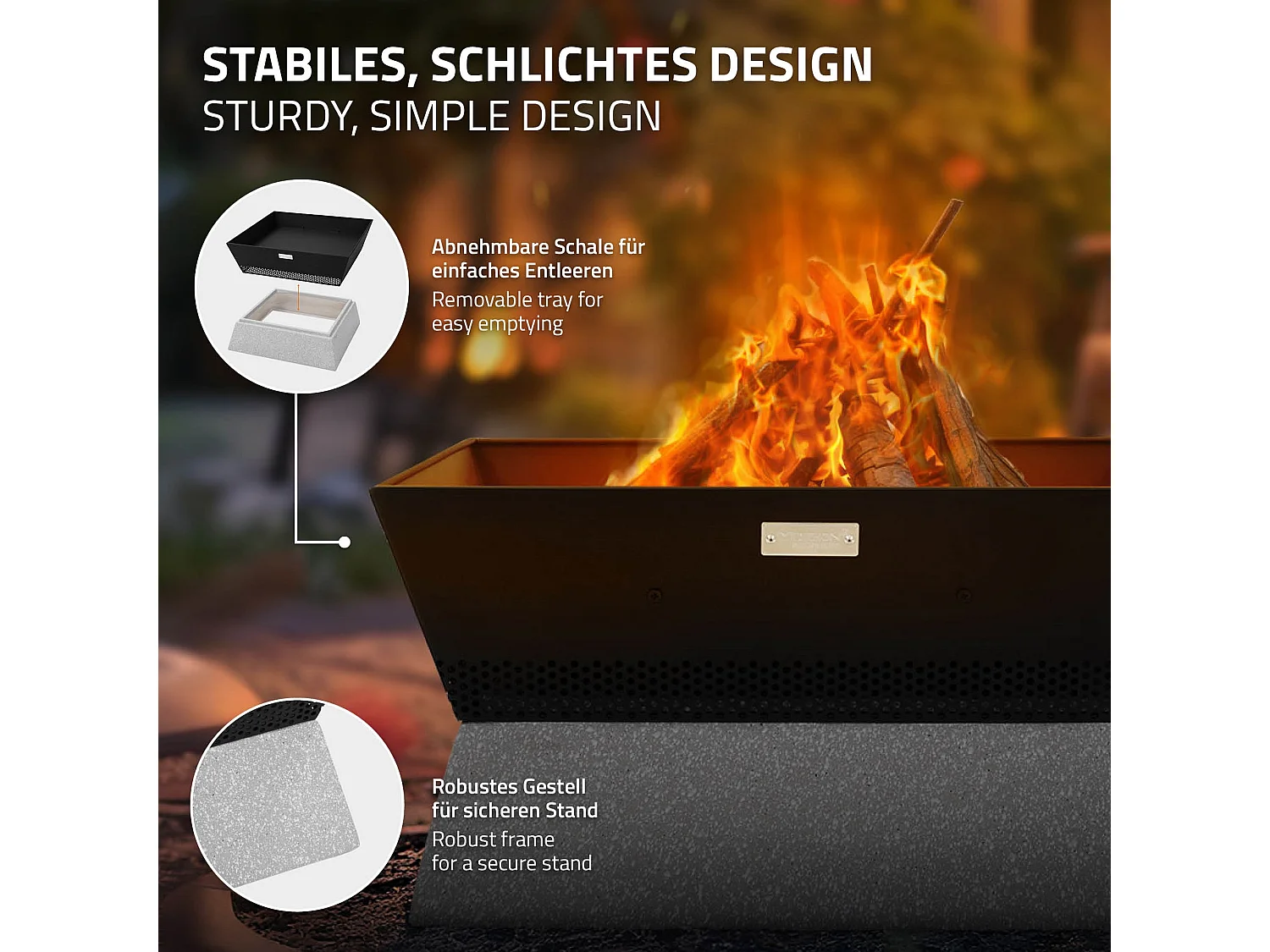 Brasero de jardin à feu 54x28,5x54 cm noir-beige carrée avec socle en céramique et tisonnier foyer d'extérieur pour jardin camping terrasse patio