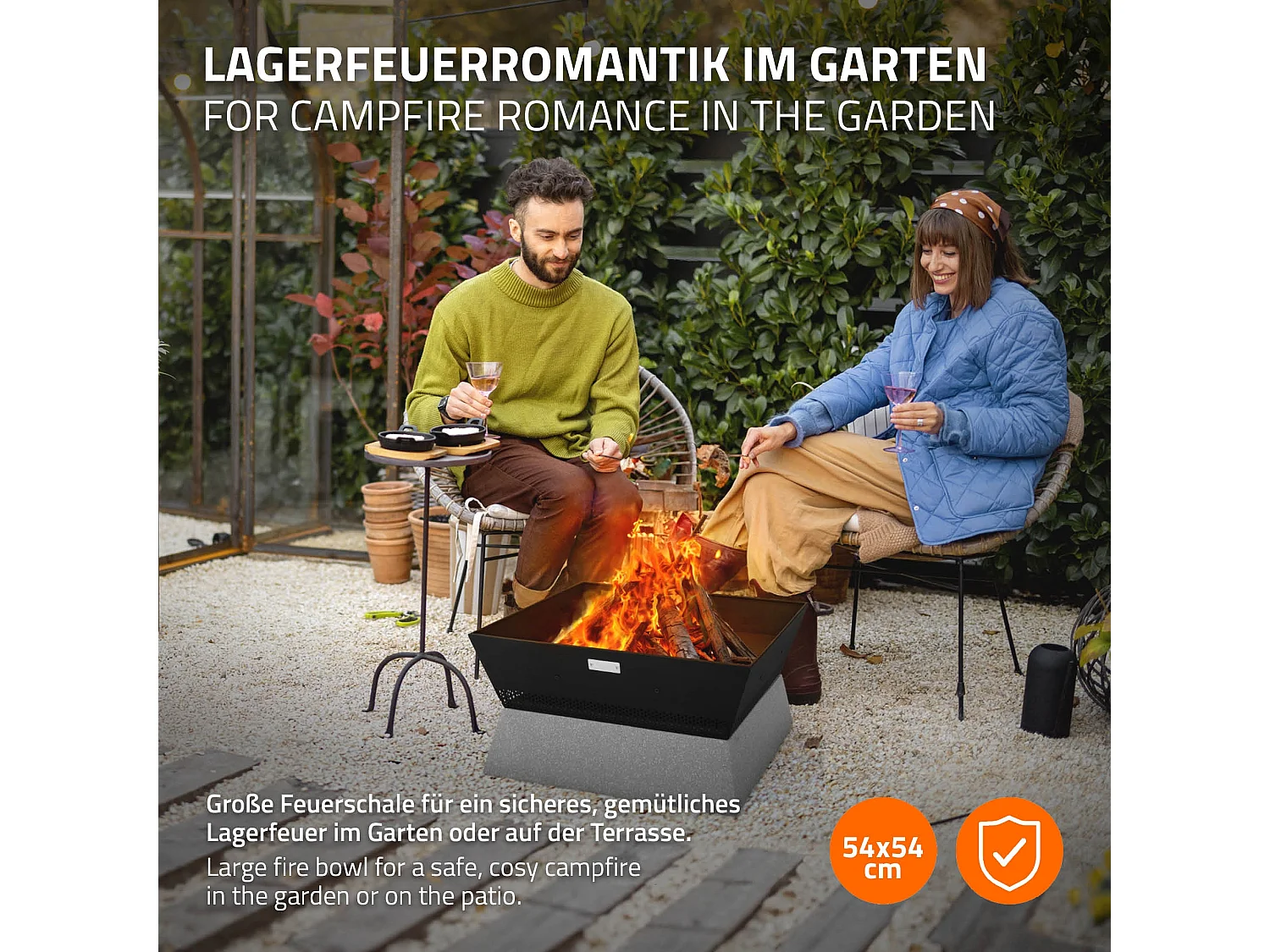 Brasero de jardin à feu 54x28,5x54 cm noir-beige carrée avec socle en céramique et tisonnier foyer d'extérieur pour jardin camping terrasse patio