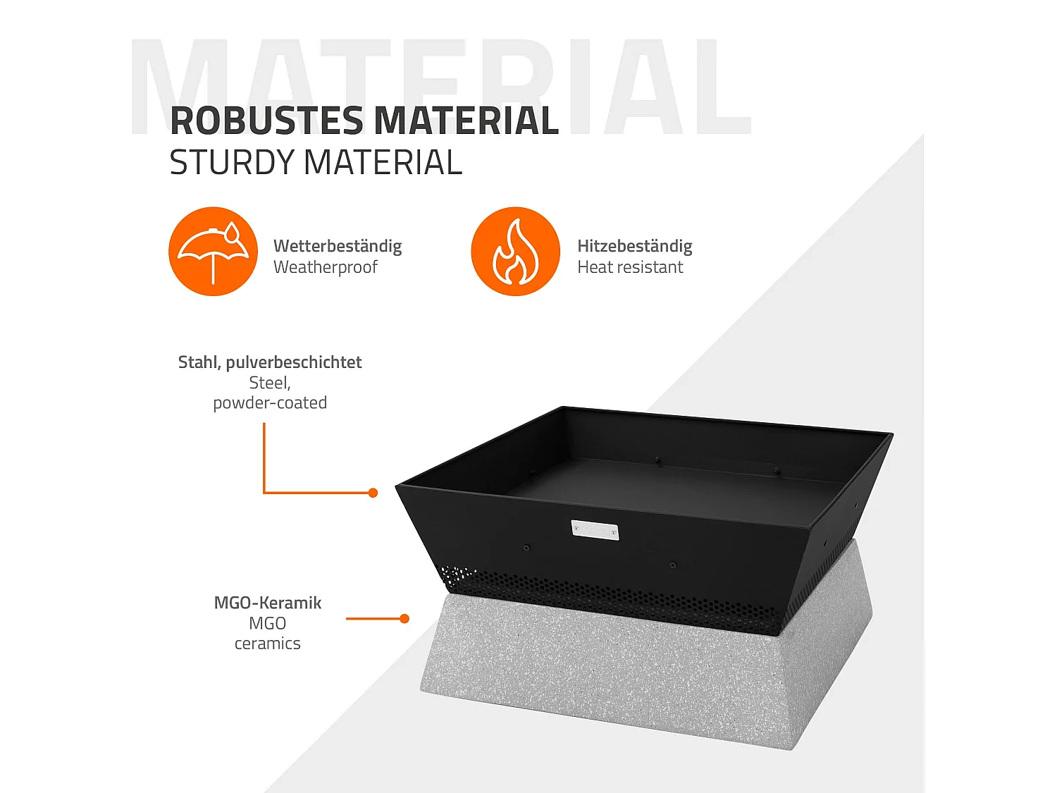 Brasero de jardin à feu 54x28,5x54 cm noir-beige carrée avec socle en céramique et tisonnier foyer d'extérieur pour jardin camping terrasse patio