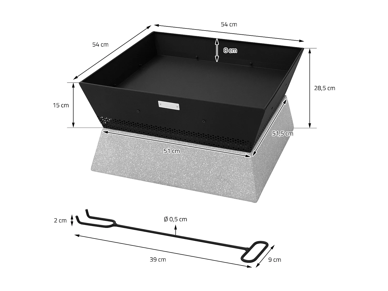 Brasero de jardin à feu 54x28,5x54 cm noir-beige carrée avec socle en céramique et tisonnier foyer d'extérieur pour jardin camping terrasse patio