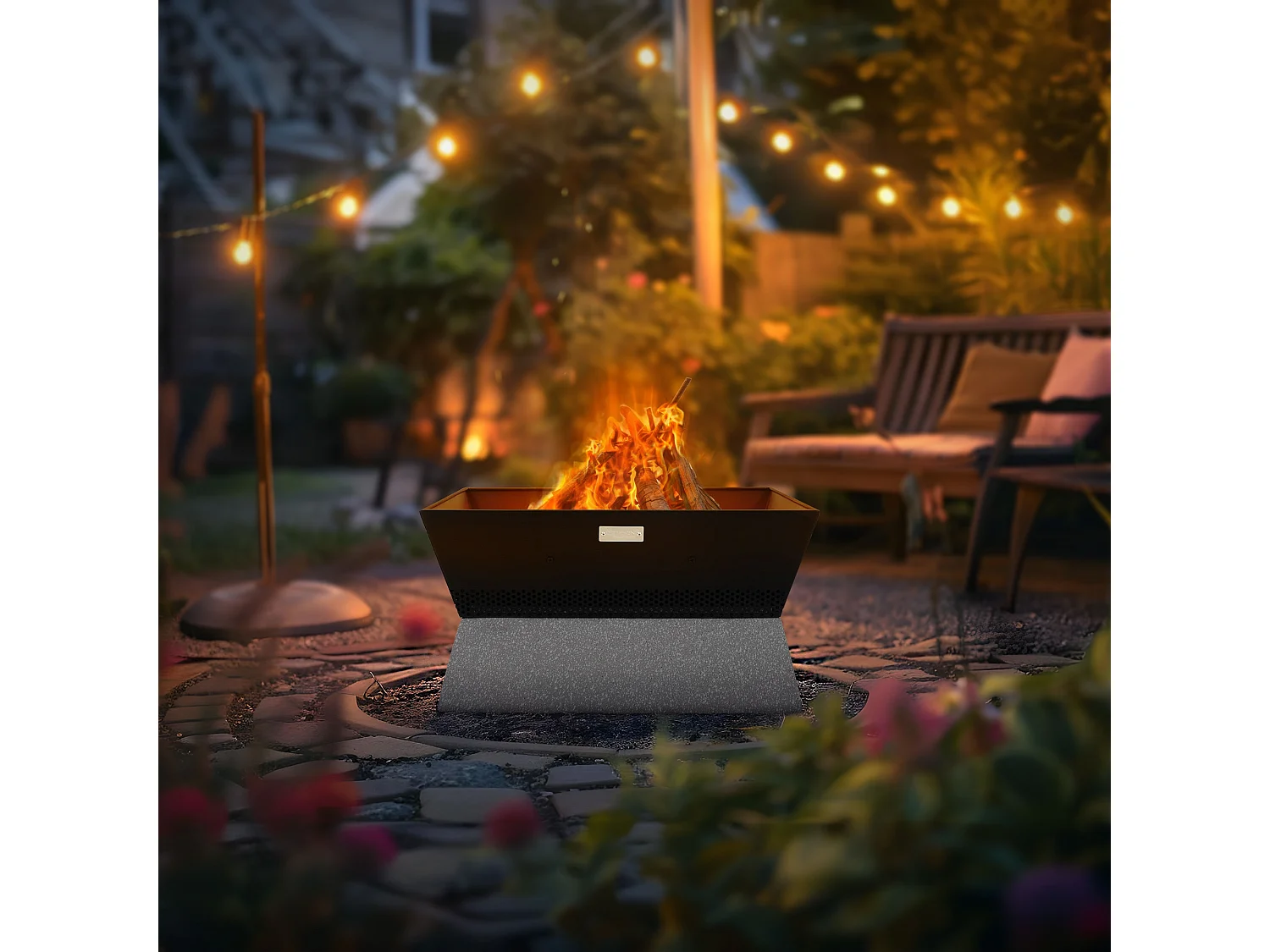 ML-Design Brasero de Acero con Base de Cerámica 54 x 28,5 x 54 cm Fogón Cuadrado Negro-Beige con Bandeja Extraíble y Atizador, Hoguera para Exterior