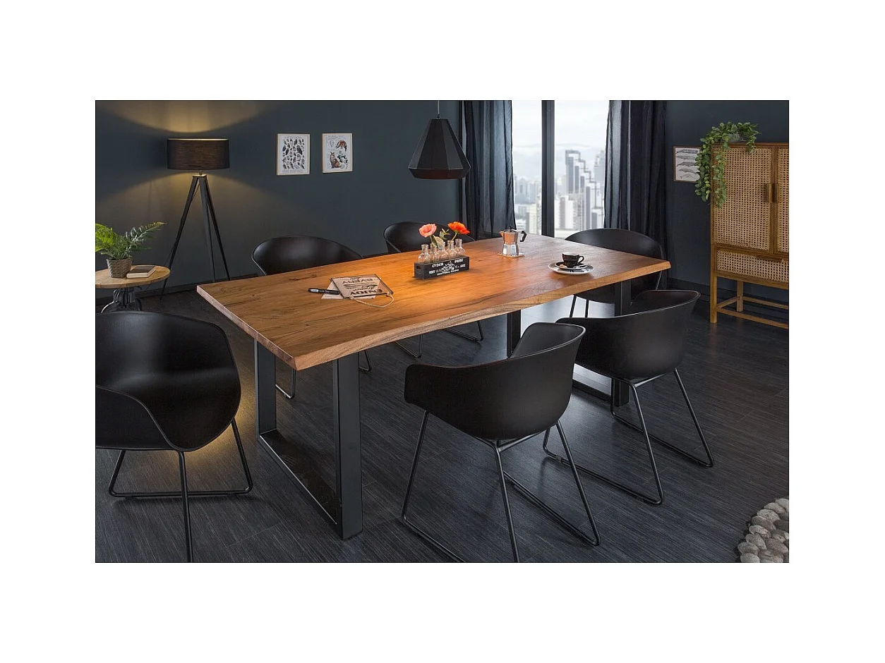 Table de salle à manger ARKAYA – Bois massif d'acacia verni et métal noir – 160 cm – Style industriel