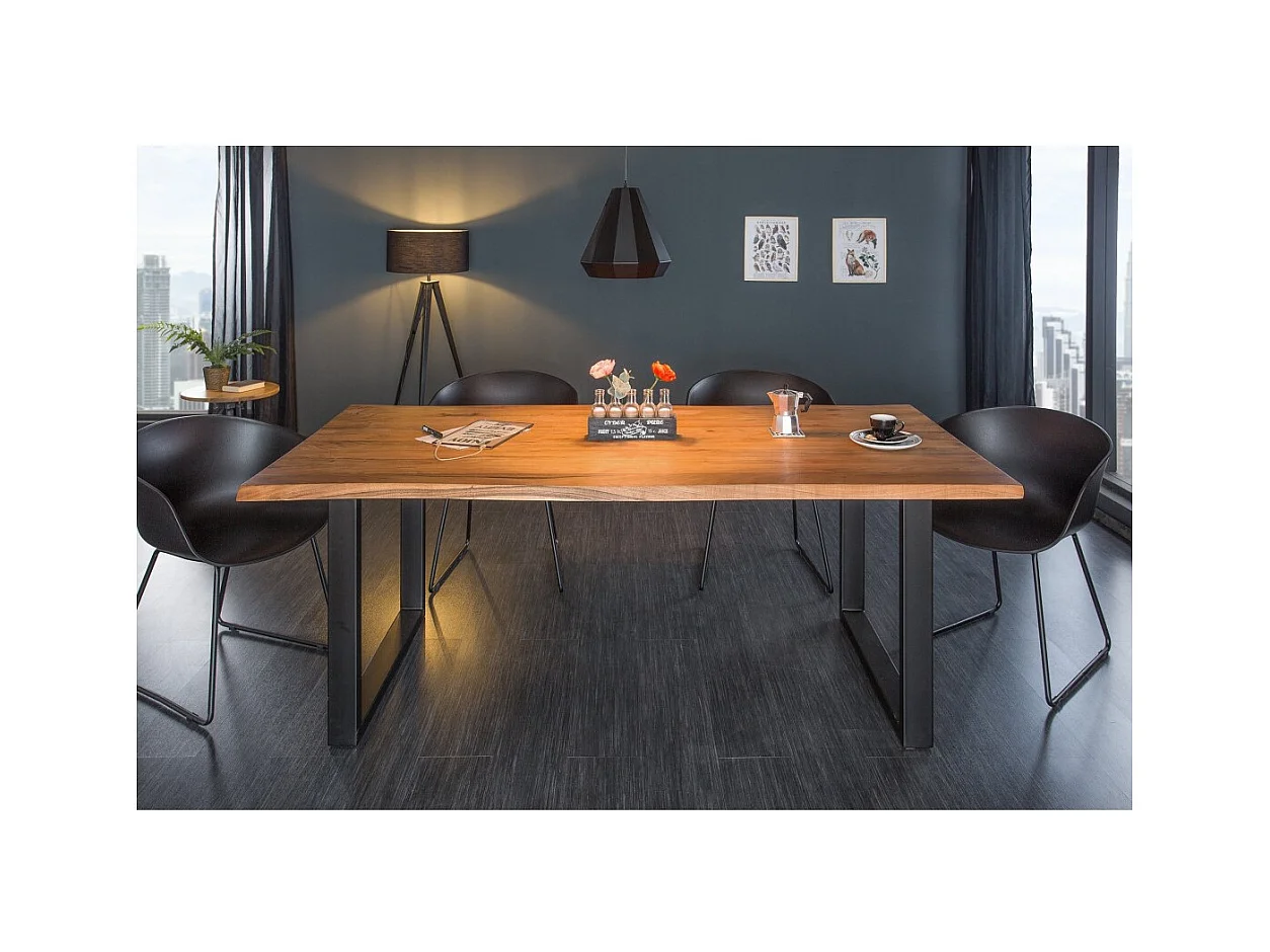 Table de salle à manger ARKAYA – Bois massif d'acacia verni et métal noir – 160 cm – Style industriel