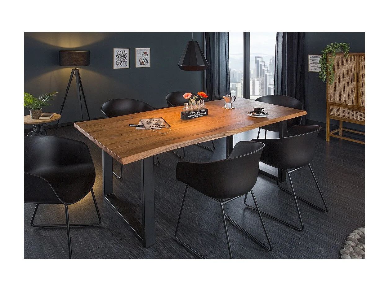Table de salle à manger ARKAYA – Bois massif d'acacia verni et métal noir – 160 cm – Style industriel