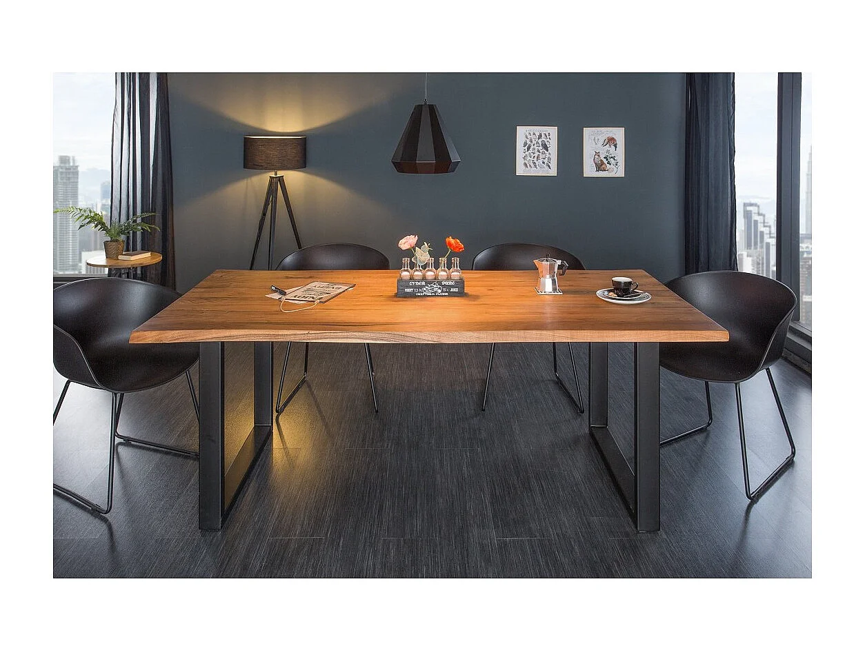 Table de salle à manger ARKAYA – Bois massif d'acacia verni et métal noir – 160 cm – Style industriel