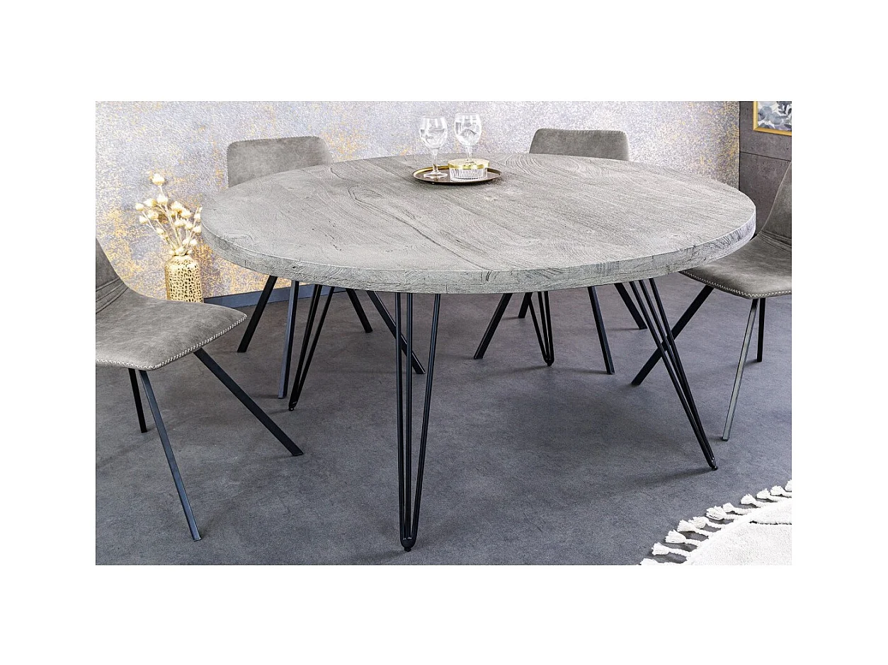 Table de salle à manger SILVA – Bois de manguier gris et métal noir – 120 cm – Forme ronde – Style contemporain