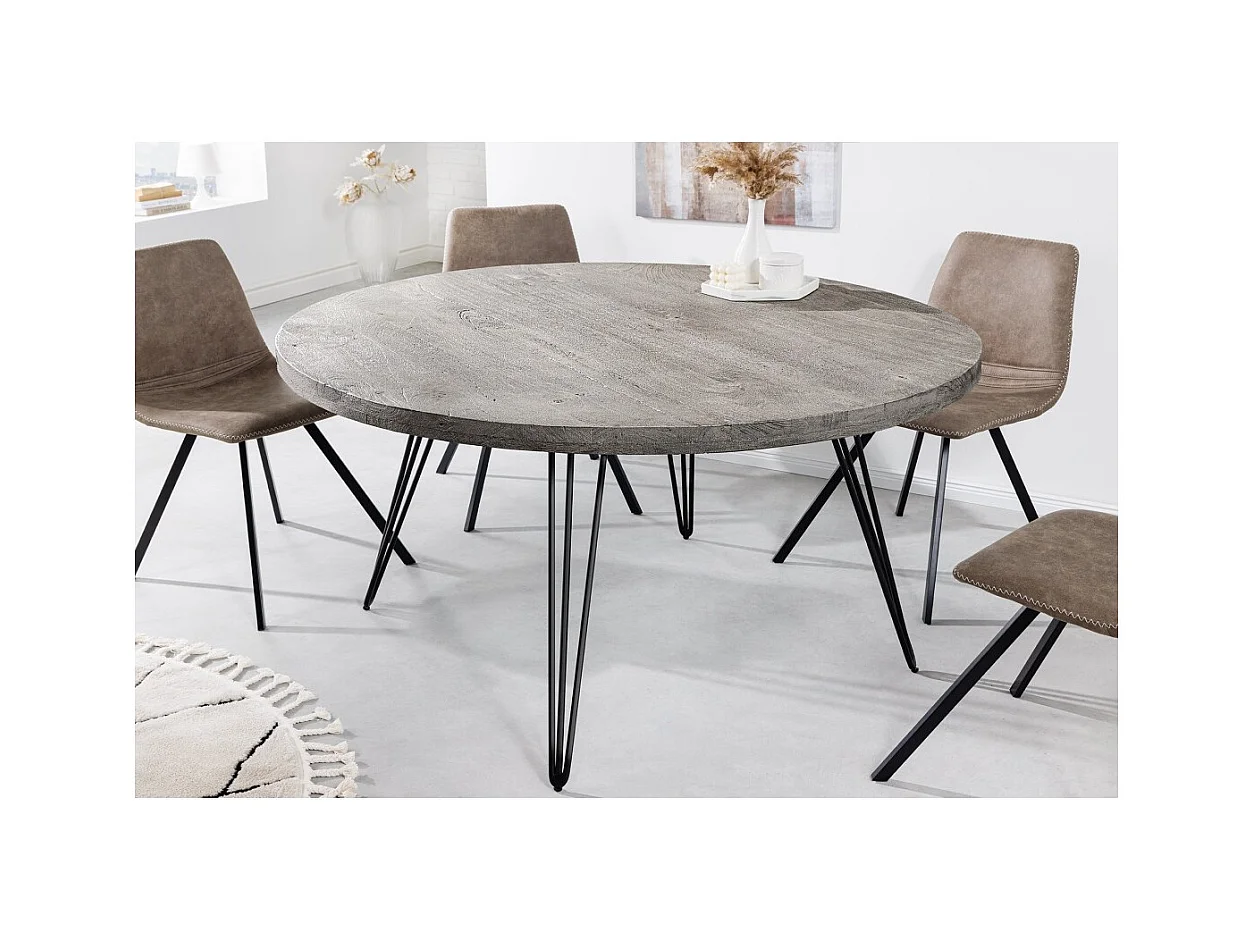Table de salle à manger SILVA – Bois de manguier gris et métal noir – 120 cm – Forme ronde – Style contemporain