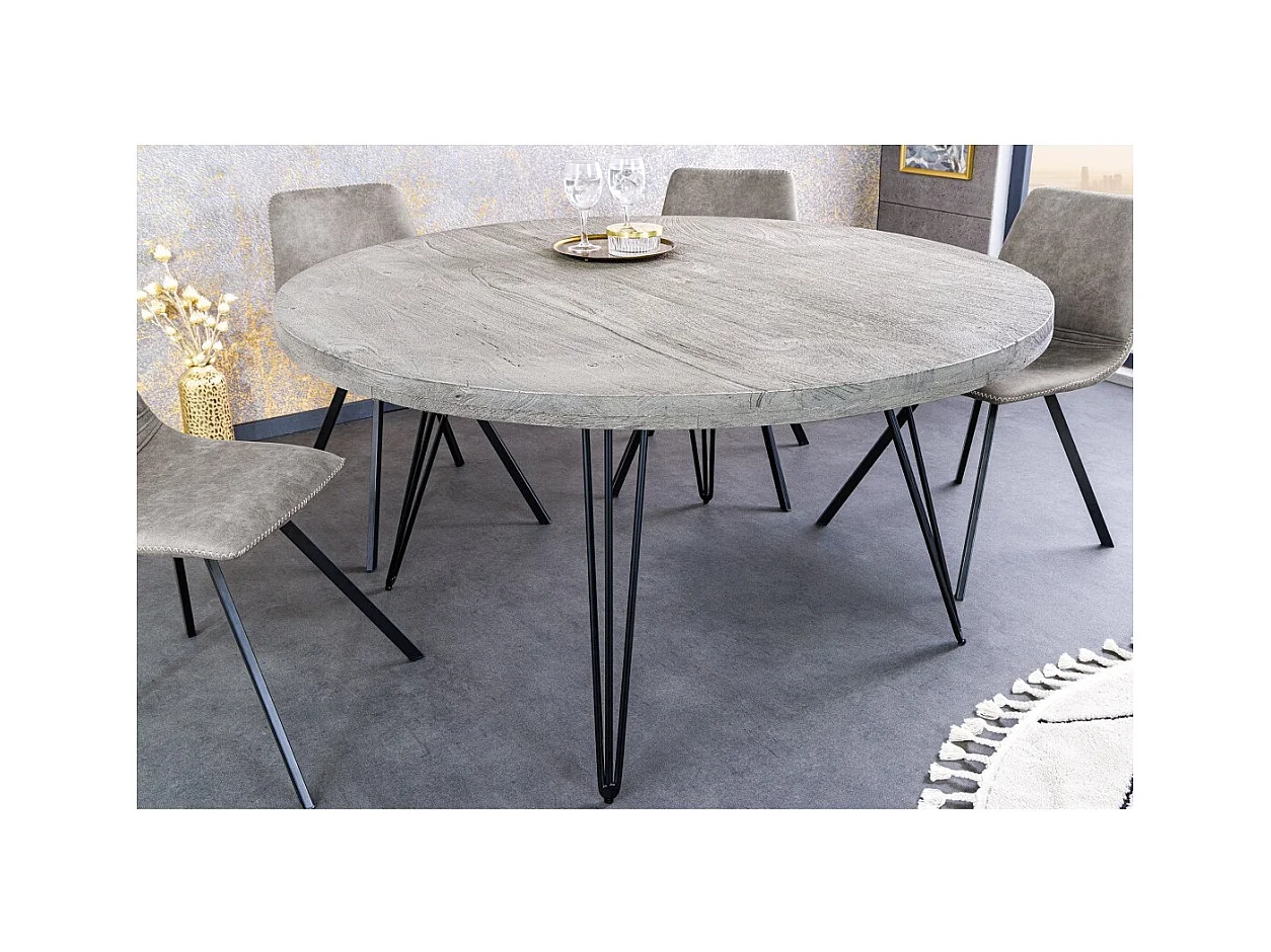 Table de salle à manger SILVA – Bois de manguier gris et métal noir – 120 cm – Forme ronde – Style contemporain