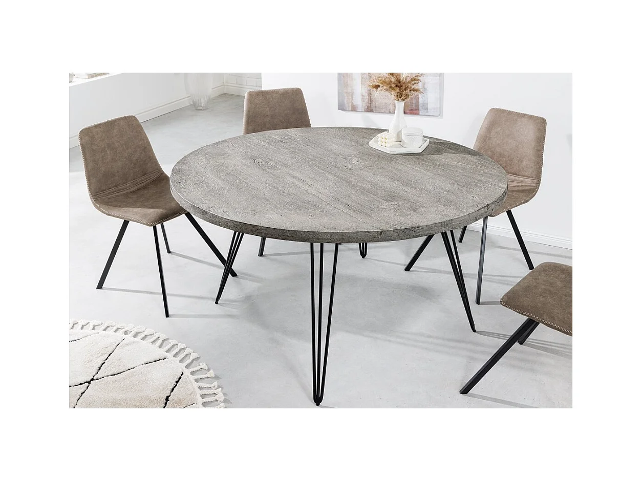 Table de salle à manger SILVA – Bois de manguier gris et métal noir – 120 cm – Forme ronde – Style contemporain