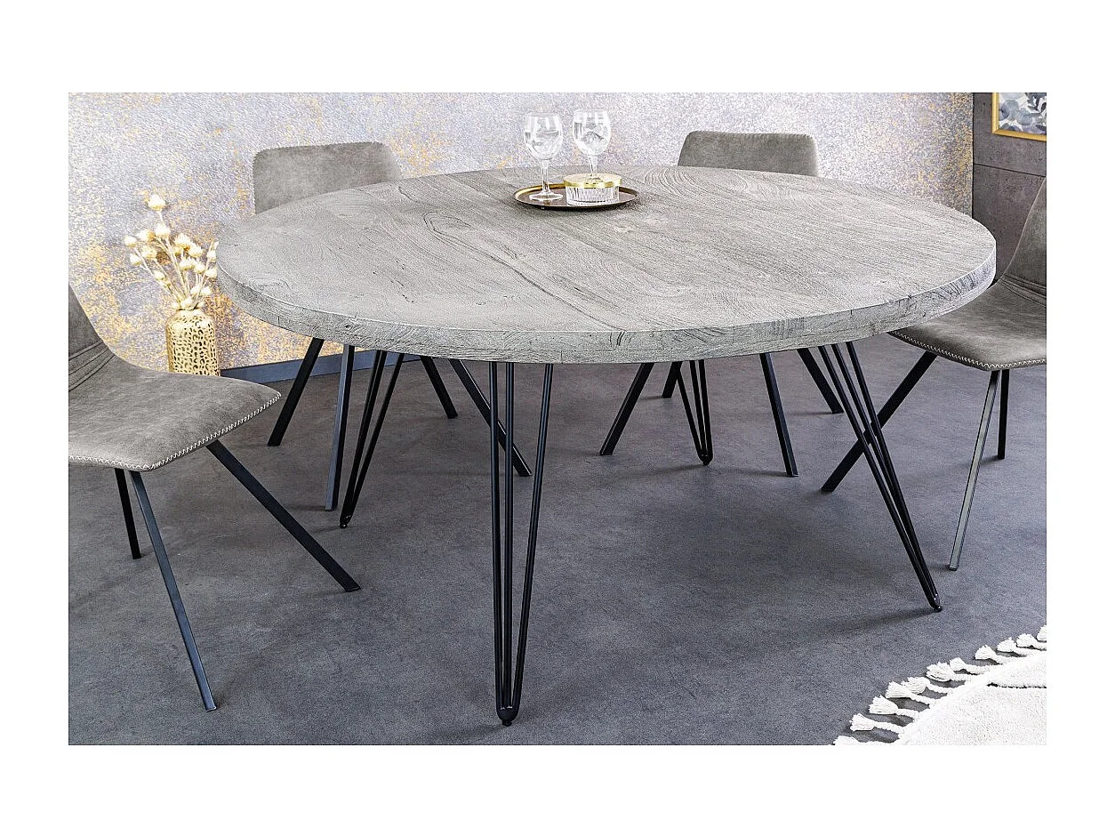 Table de salle à manger SILVA – Bois de manguier gris et métal noir – 120 cm – Forme ronde – Style contemporain