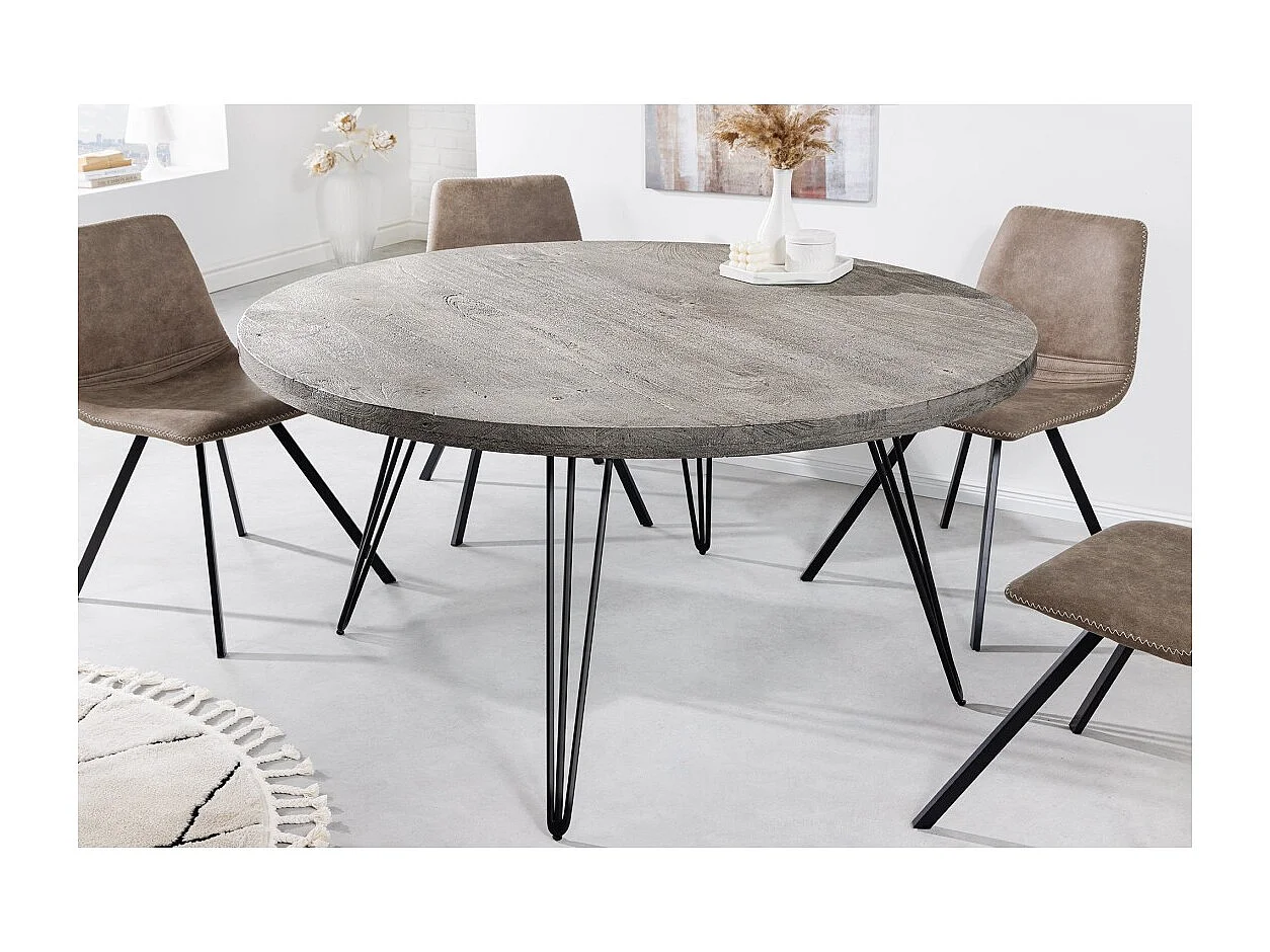 Table de salle à manger SILVA – Bois de manguier gris et métal noir – 120 cm – Forme ronde – Style contemporain