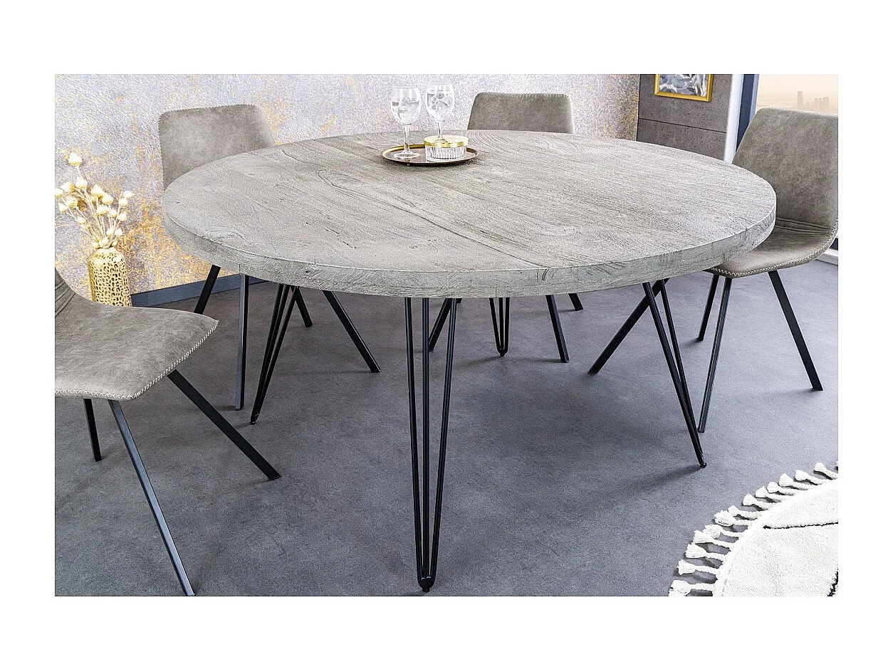 Table de salle à manger SILVA – Bois de manguier gris et métal noir – 120 cm – Forme ronde – Style contemporain