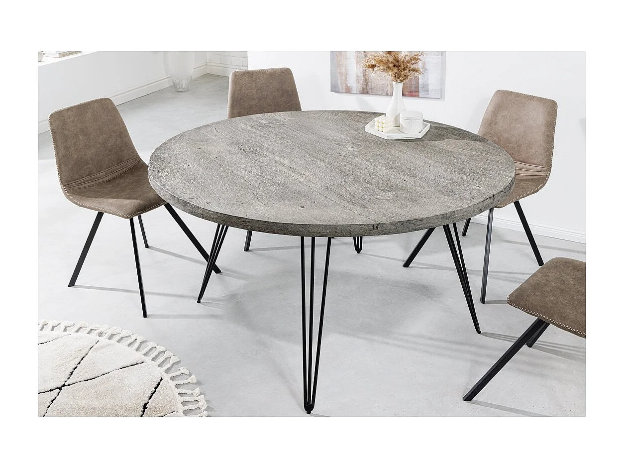Table de salle à manger SILVA – Bois de manguier gris et métal noir – 120 cm – Forme ronde – Style contemporain