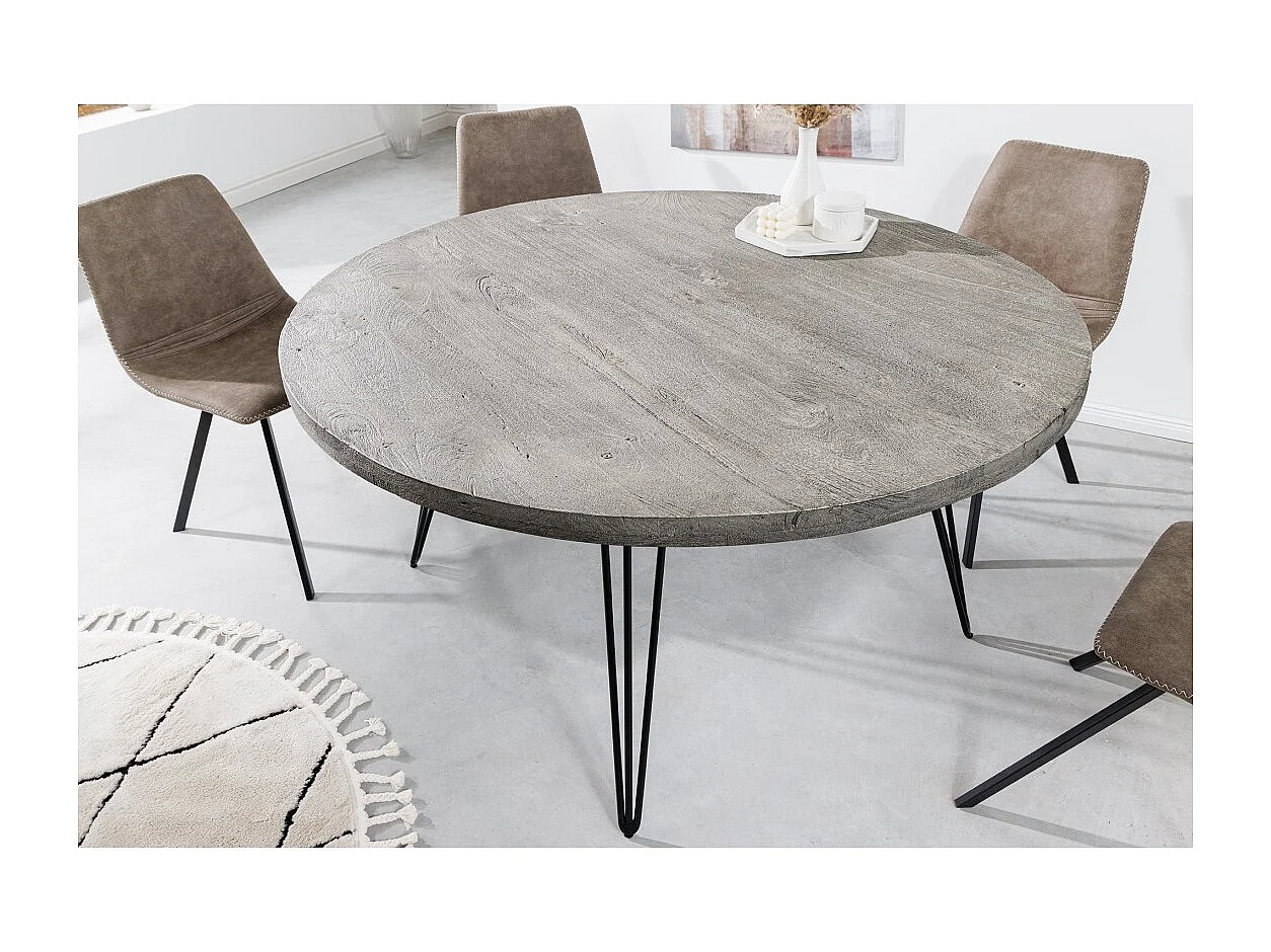 Table de salle à manger SILVA – Bois de manguier gris et métal noir – 120 cm – Forme ronde – Style contemporain