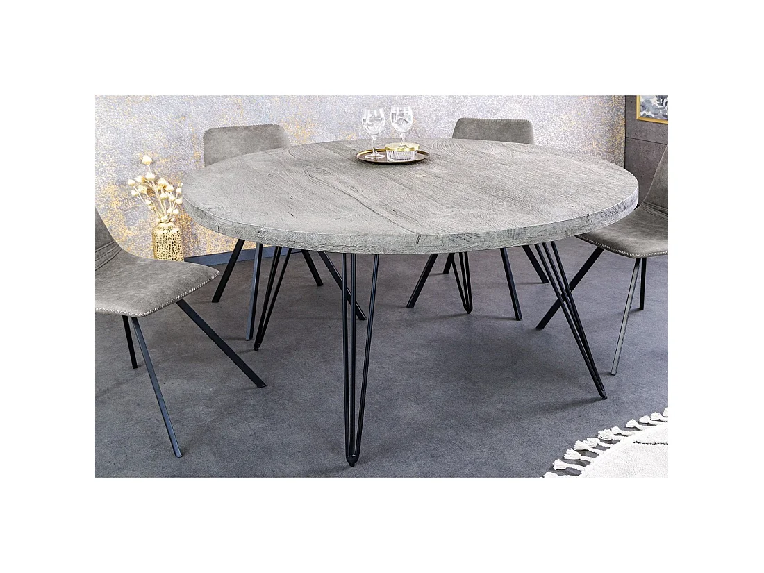 Table de salle à manger SILVA – Bois de manguier gris et métal noir – 120 cm – Forme ronde – Style contemporain