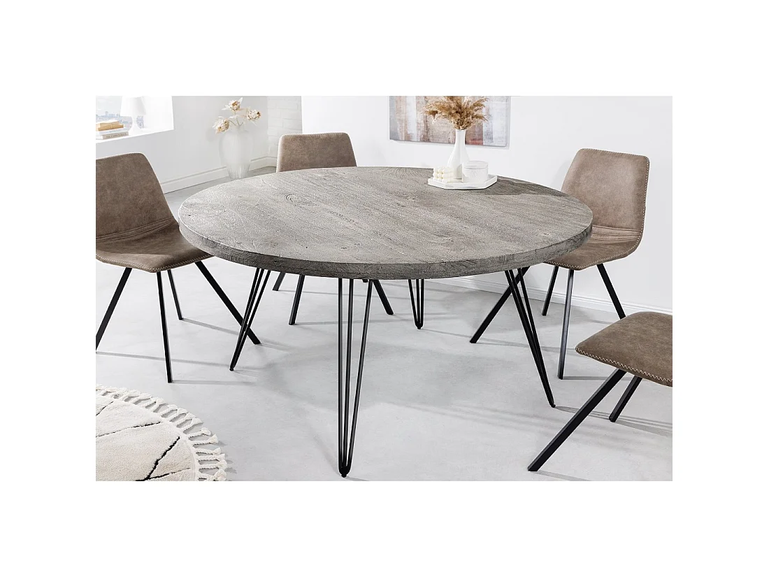 Table de salle à manger SILVA – Bois de manguier gris et métal noir – 120 cm – Forme ronde – Style contemporain