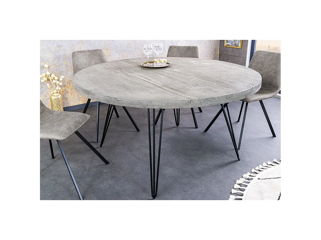 Table de salle à manger SILVA – Bois de manguier gris et métal noir – 120 cm – Forme ronde – Style contemporain