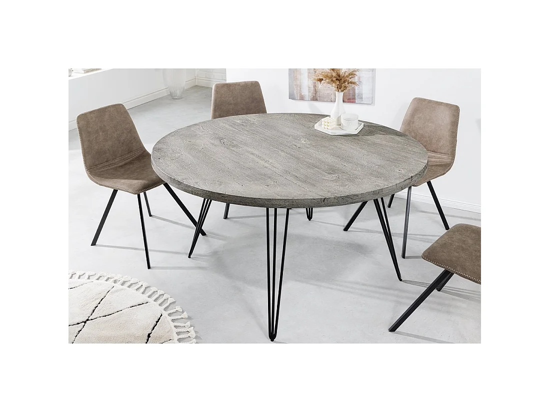 Table de salle à manger SILVA – Bois de manguier gris et métal noir – 120 cm – Forme ronde – Style contemporain