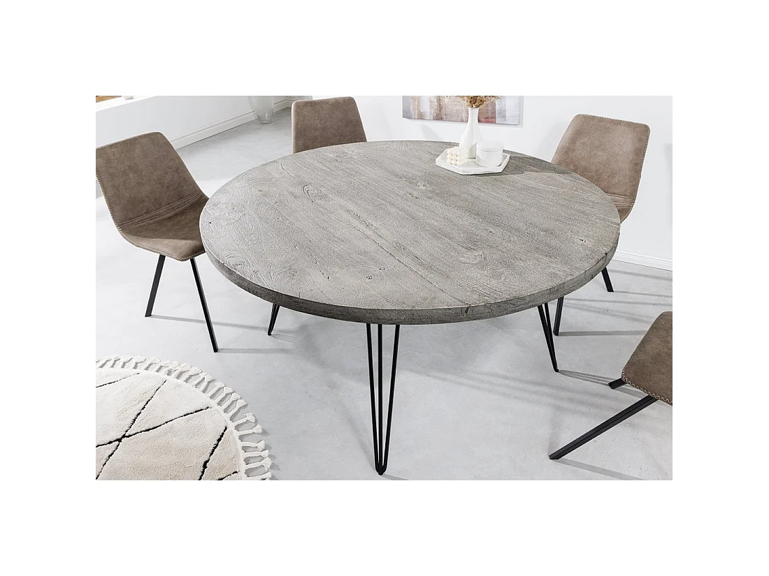 Table de salle à manger SILVA – Bois de manguier gris et métal noir – 120 cm – Forme ronde – Style contemporain