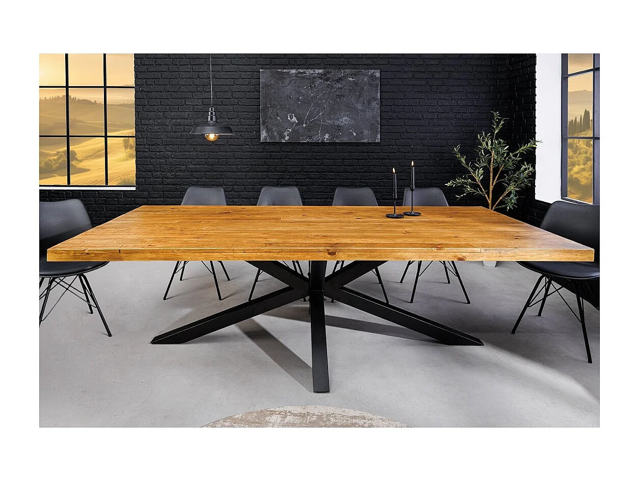 Table de salle à manger SOLARA – Bois de pin recyclé verni et métal noir – 240 cm – Style industriel