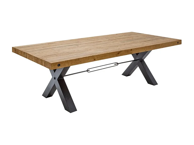 Table CAVARA – Bois de pin recyclé verni et métal noir – 240 cm – Style industriel