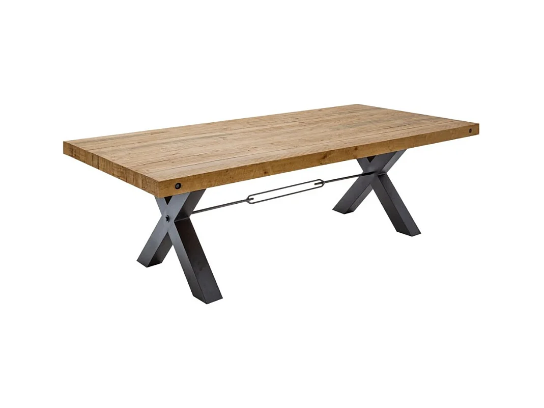 Table CAVARA – Bois de pin recyclé verni et métal noir – 240 cm – Style industriel