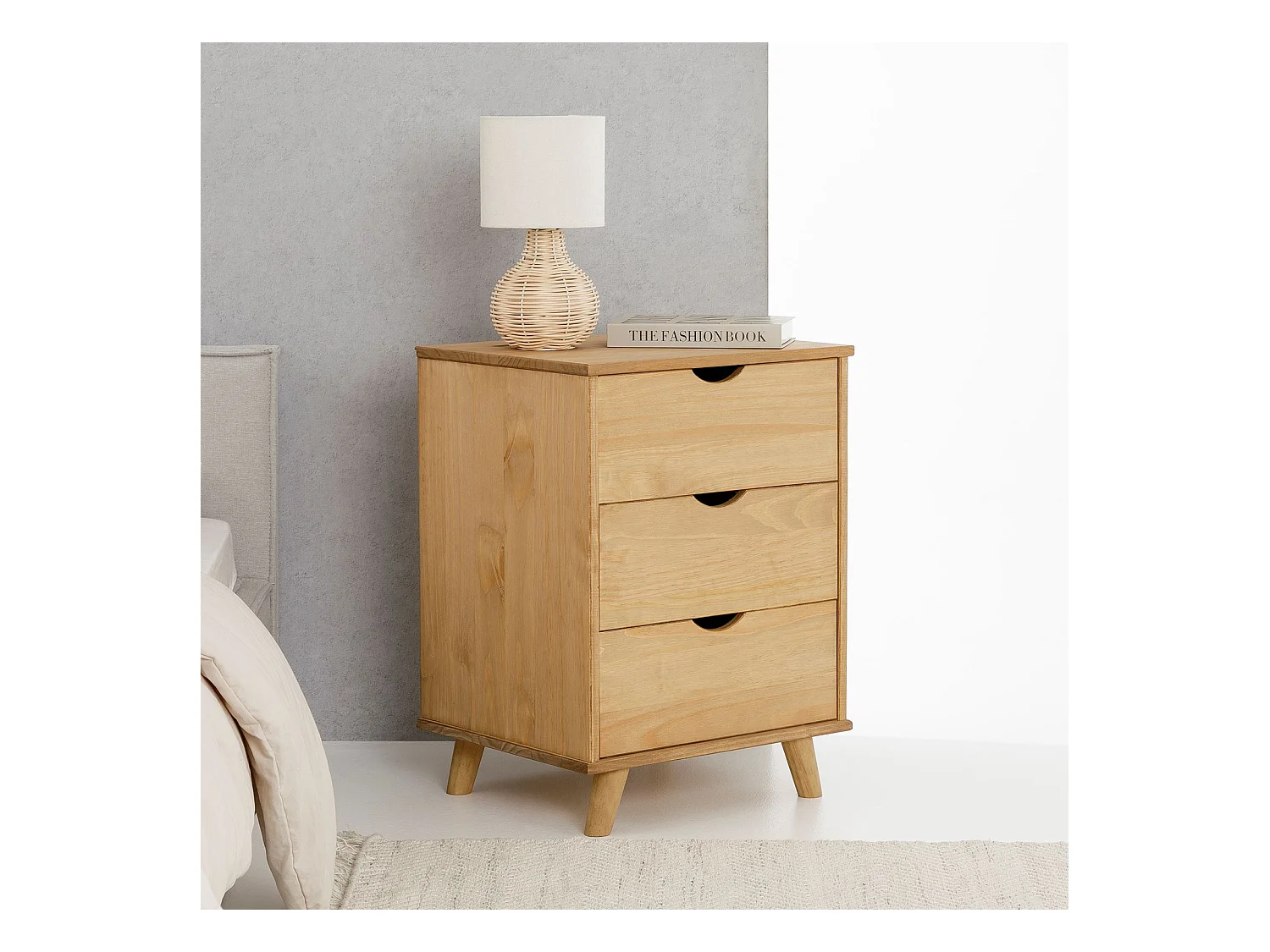 Table de chevet JALISCO H 63 cm avec 3 Tiroirs en Bois Massif Finition Laquée, Table de Nuit pour Chambre sur Pieds