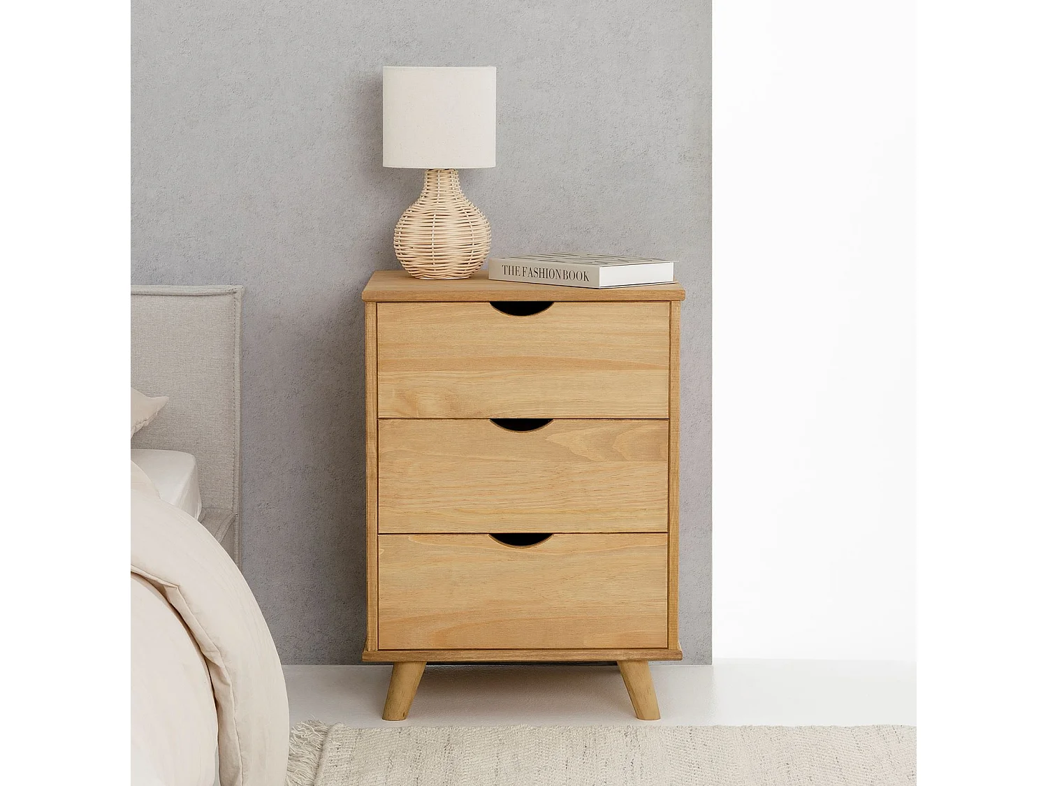 Table de chevet JALISCO H 63 cm avec 3 Tiroirs en Bois Massif Finition Laquée, Table de Nuit pour Chambre sur Pieds