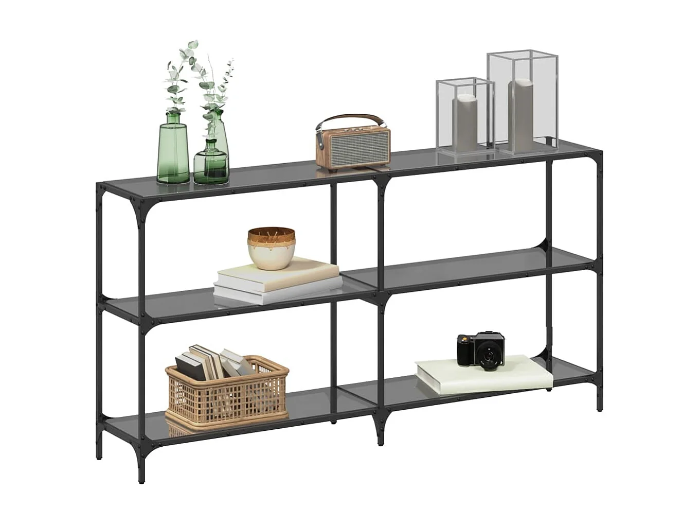 Table console avec dessus en verre noir 158,5x30x81 cm acier