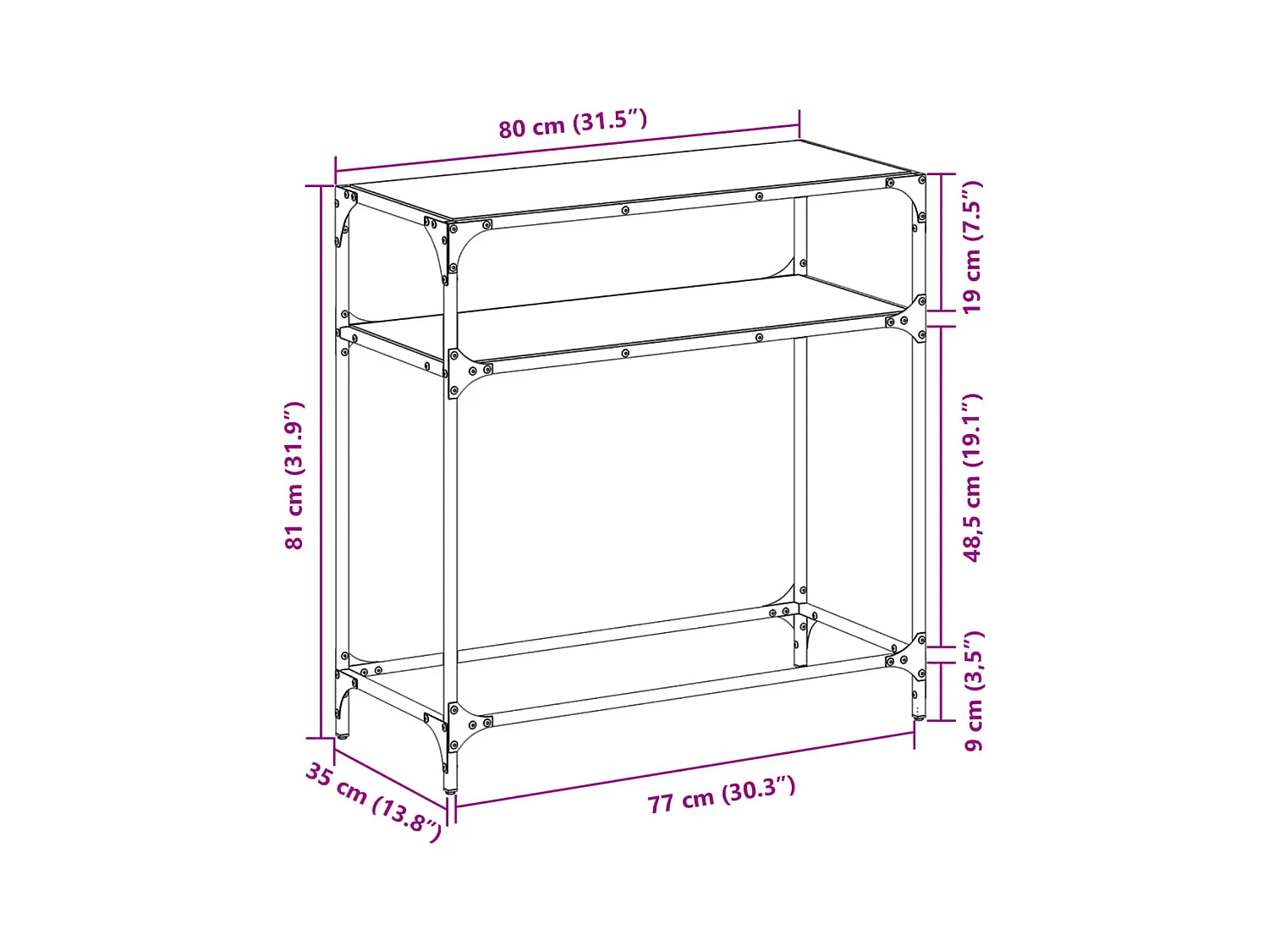Table console avec dessus en verre transparent 80x35x81cm acier