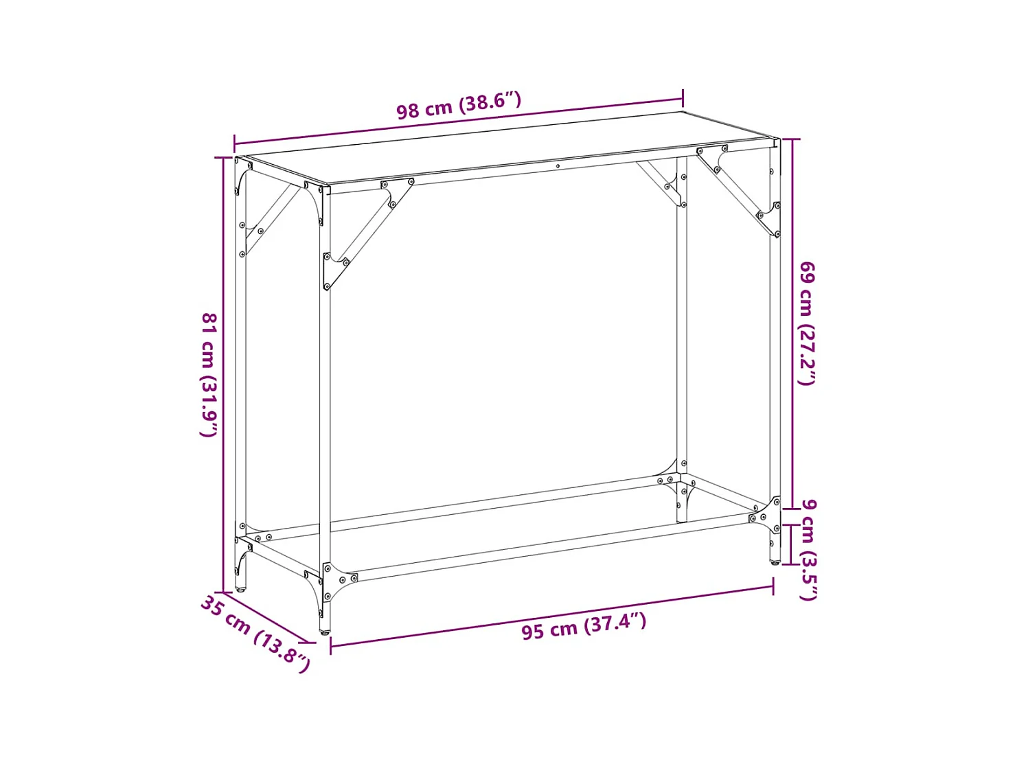 Table console avec dessus en verre transparent 98x35x81cm acier