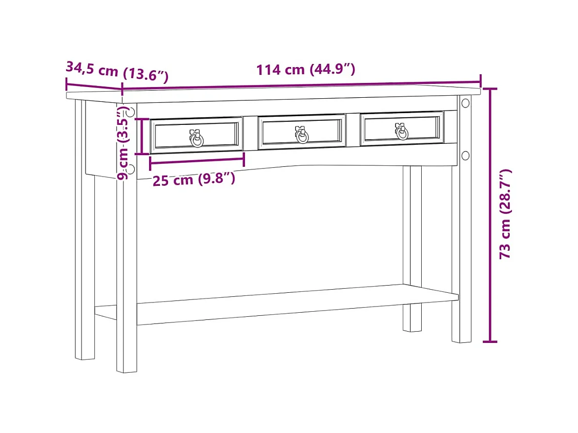 Mesa consola "Corona" 114x34,5x73 cm Madera maciza de pino