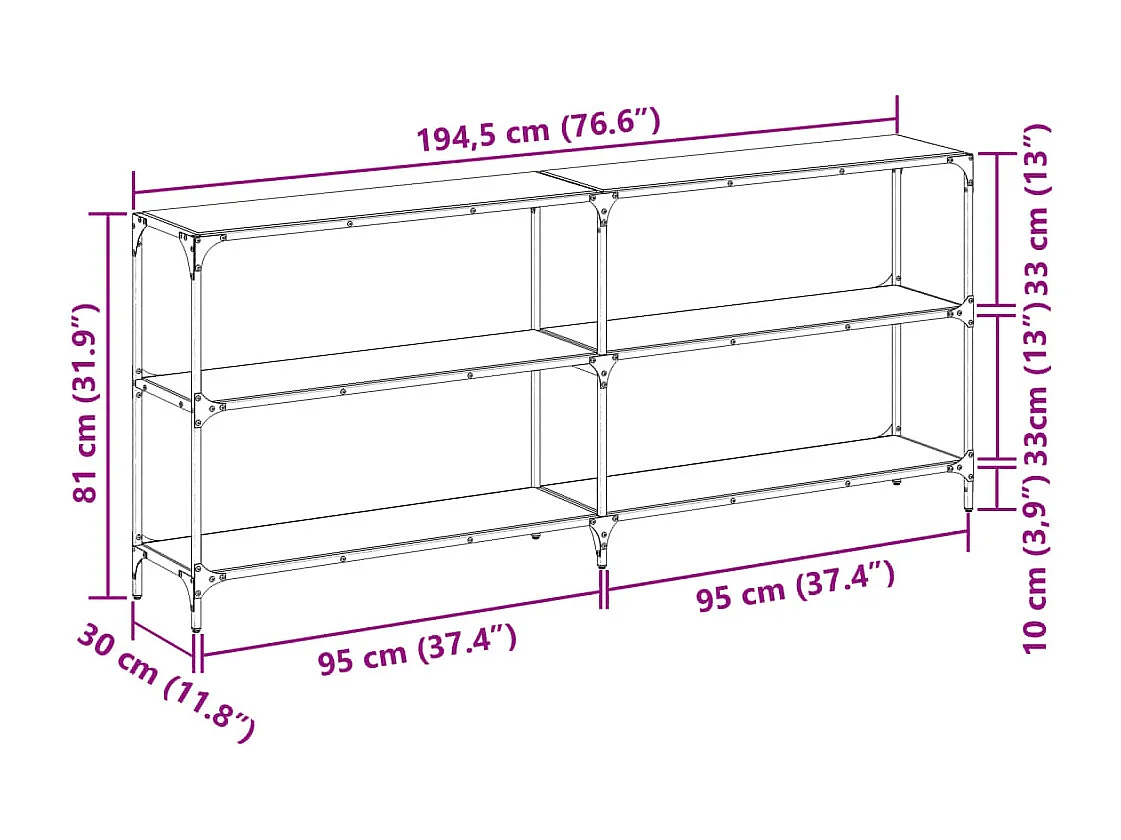 Table console avec dessus en verre noir 194,5x30x81 cm acier