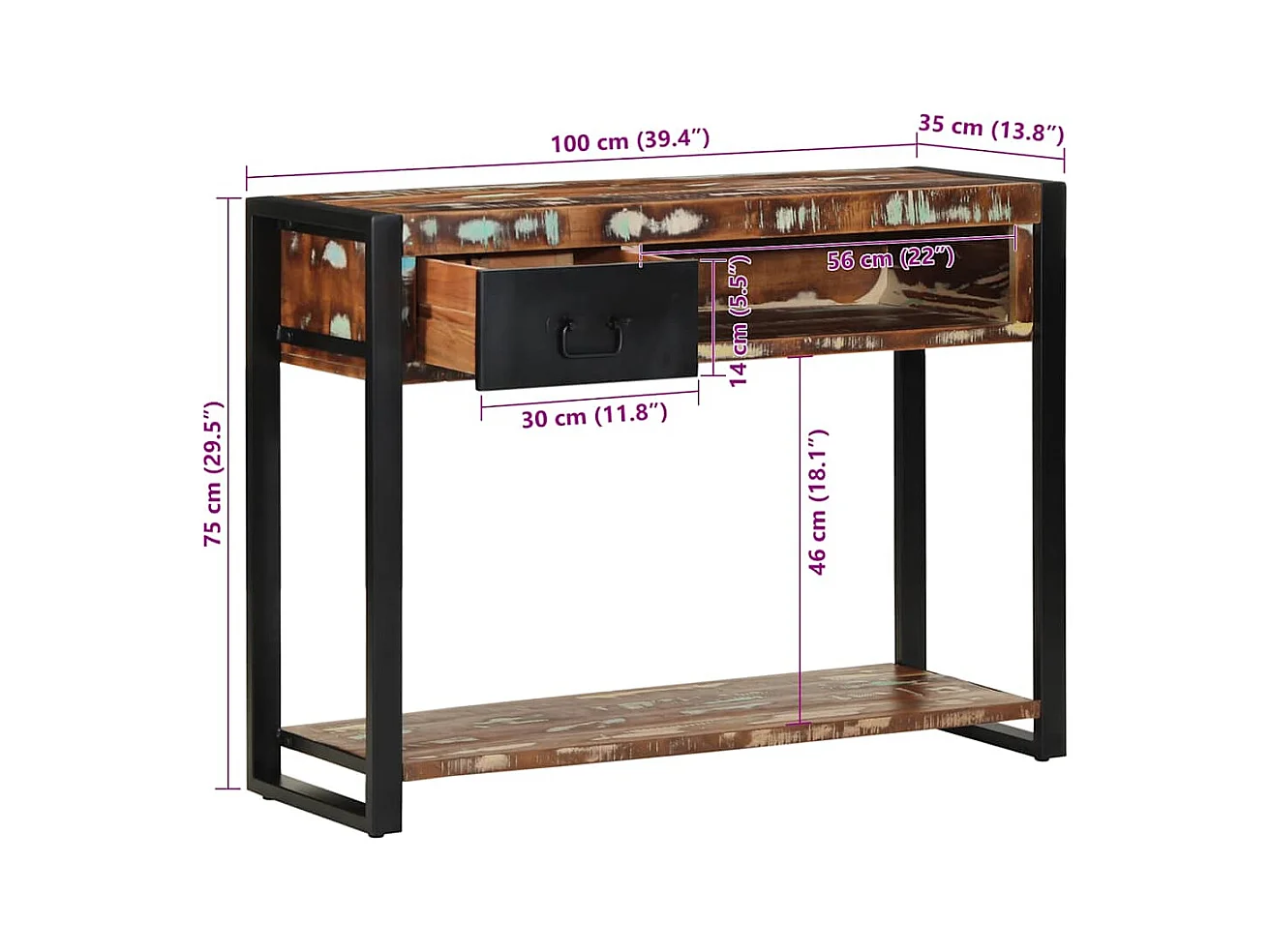 Mesa consola multicolor madera maciza reciclada 100x35x75 cm