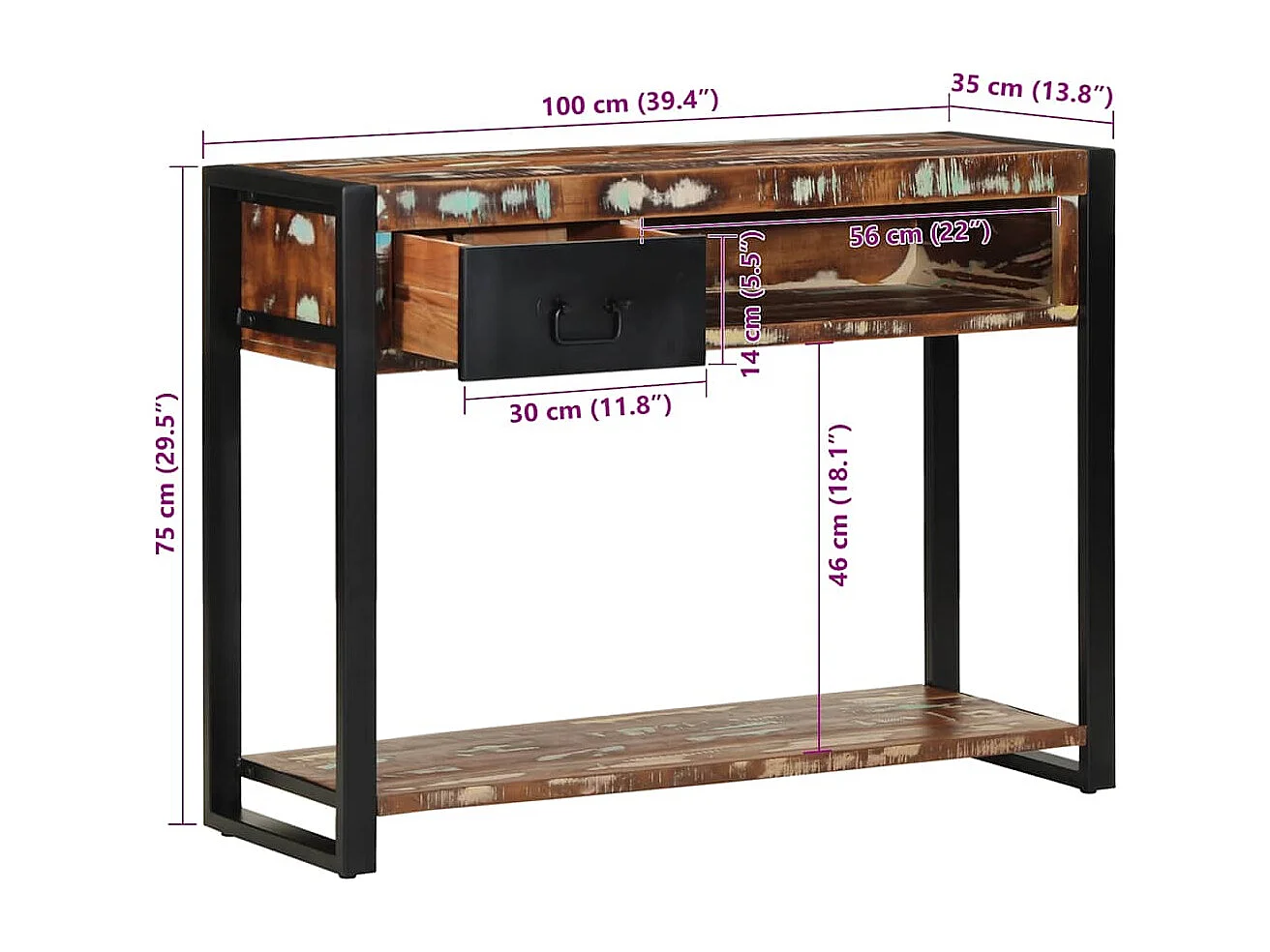 Table console multicolore 100x35x75 cm bois massif récupération
