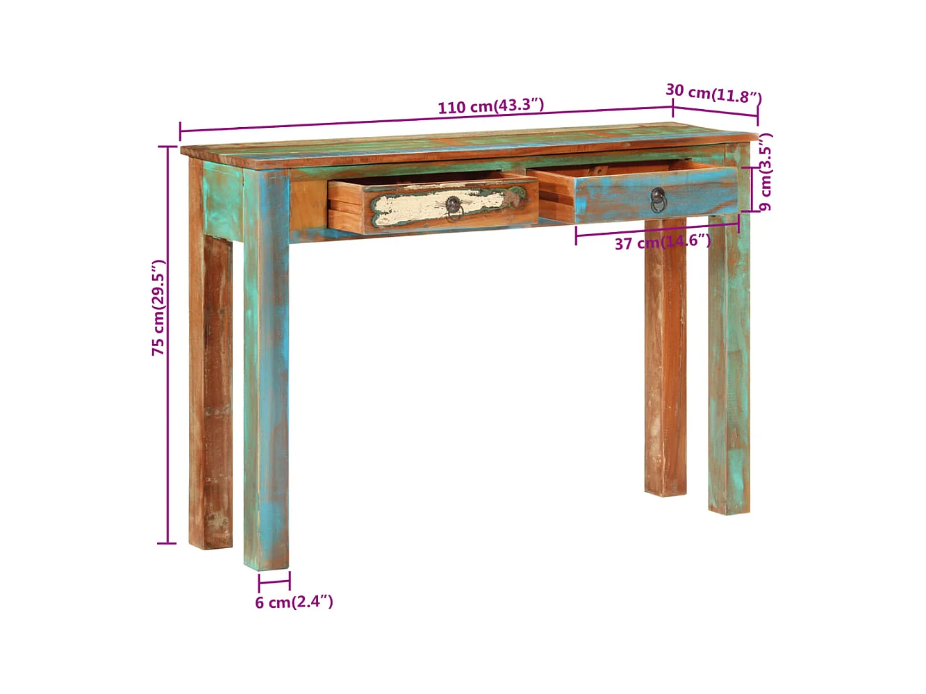 Table console 110x30x75 cm bois massif de récupération