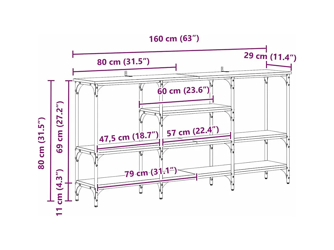 Table console avec étagère chêne artisanal 160 x 29 x 80 cm
