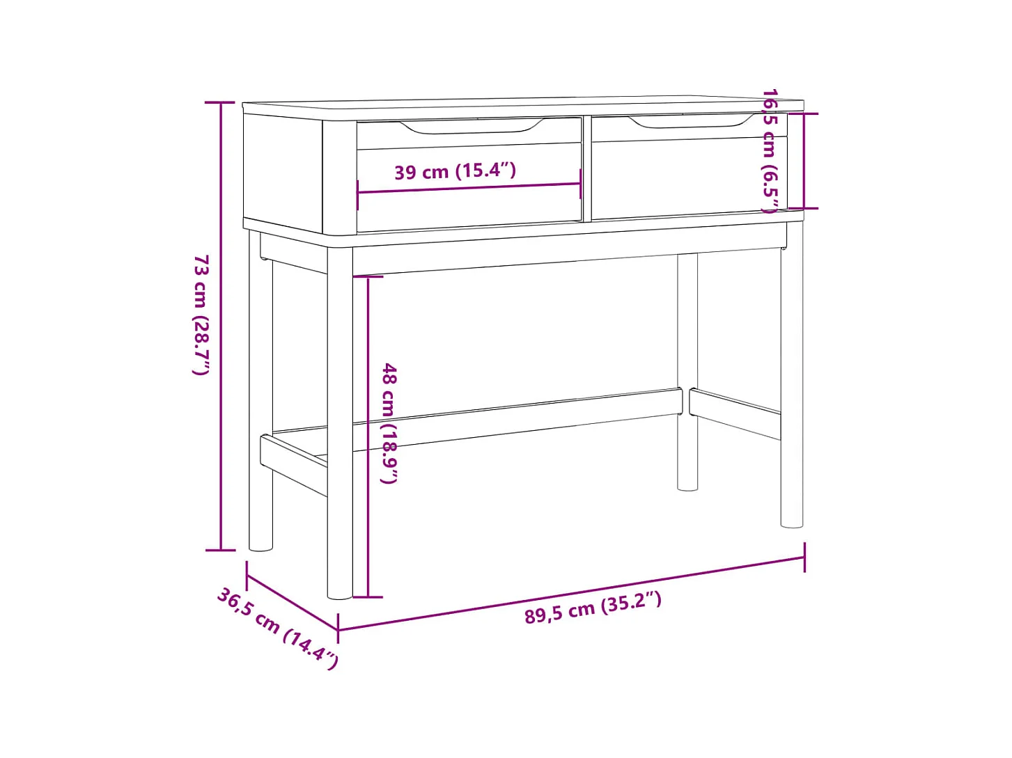 Mesa consola FLORO madera maciza de pino blanco 89,5x36,5x73 cm